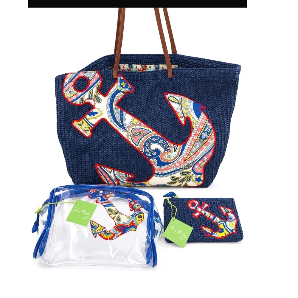 Vera Bradley Marina Paisley Anchor Tote Bag Clear Cosmetic & Zip Pouch Set 3pc